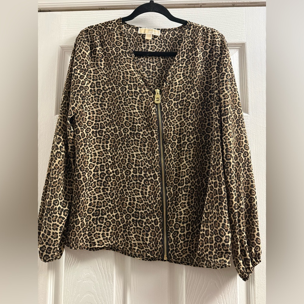 Michael Kors Leopard Print Blouse With Zip Closure Size Small